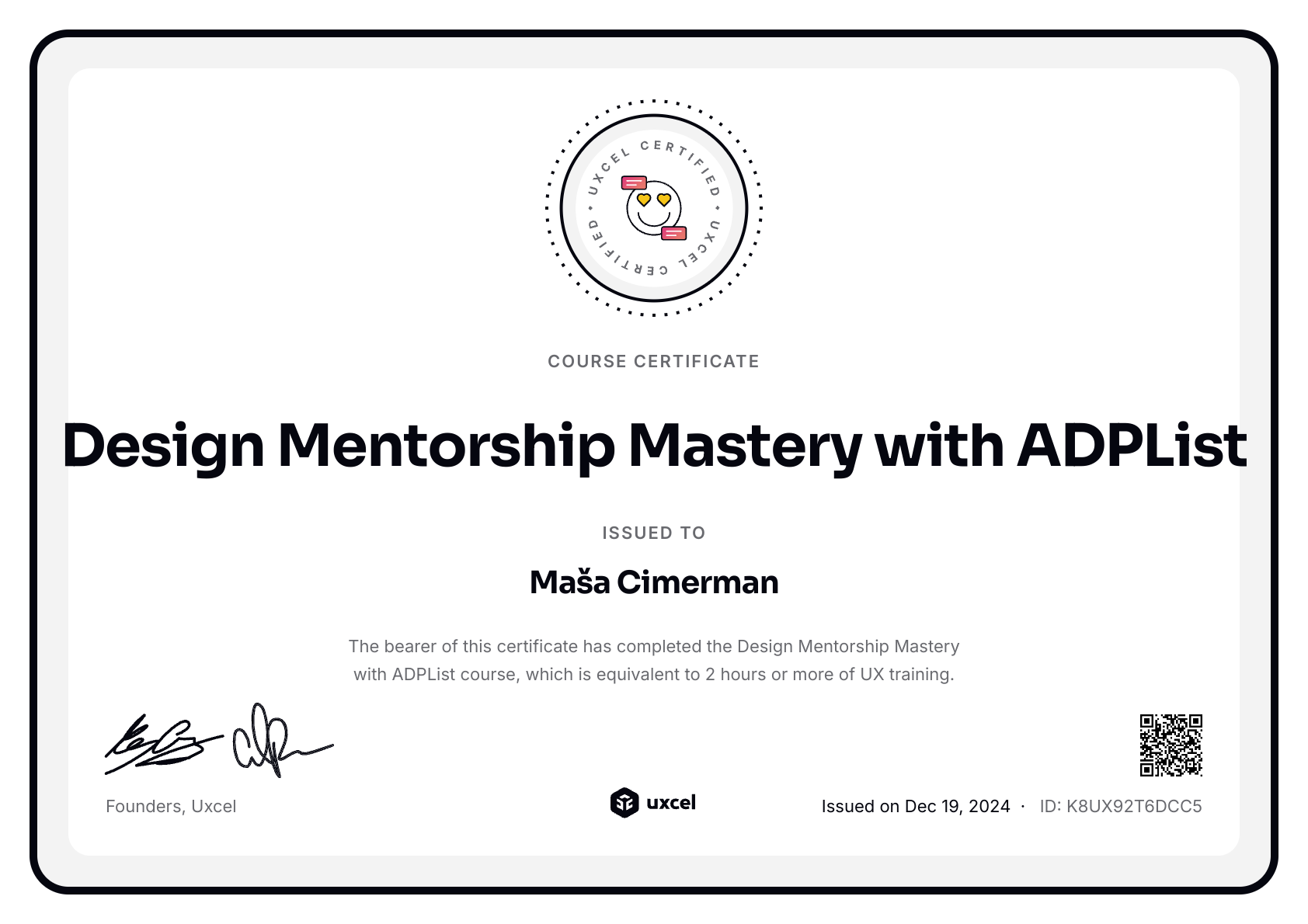 Maša Cimerman's certificate